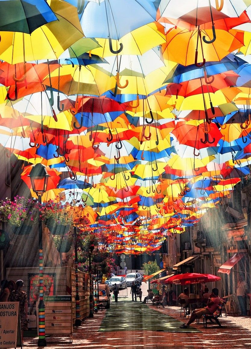 Colorful Umbrellas Float Above the Streets of Agueda, Portugal